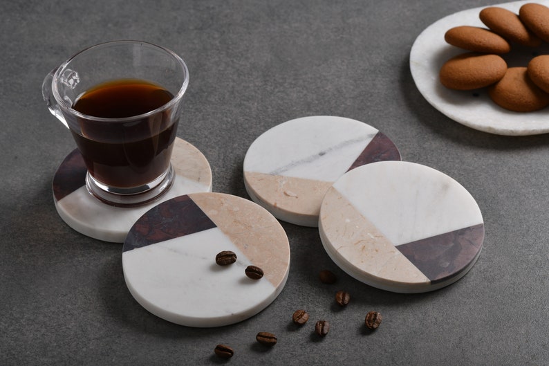 Handcrafted Set of 4 White Marble Coasters inlay with Italian and Indian Marble fusion Tea Coasters Home Décor image 1