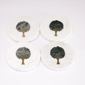 Handcrafted Set of 4 White Marble Inlay Round Coasters image 3