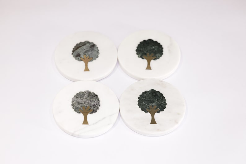 Handcrafted Set of 4 White Marble Inlay Round Coasters image 3