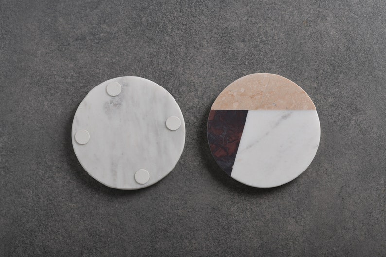 Handcrafted Set of 4 White Marble Coasters inlay with Italian and Indian Marble fusion Tea Coasters Home Décor image 5