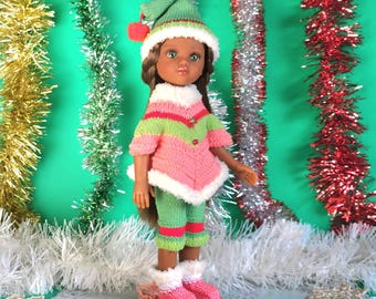 Conjunto navideño de punto para Paola Reina: Túnica de 13", gorro de elfo, pantalones bombachos, calcetines y botines.