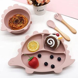 Dinosaur-Themed, Silicone, Baby Feeding Gift Set - Bib, Divided Suction Plate and Suction Bowl, & Beech Wood Spoon and Fork