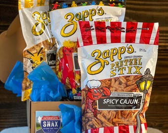Zapp's New Orleans Pretzel Stix Snack Box; Gift Box, Voo Doo, Cajun, Honey Mustard, Cinnamon Sugar