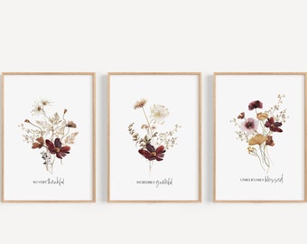 Modern Earth Toned Botanical Wall Art, Set of 3 Autumn Prints, Thankful Grateful Blessed, Botanical Floral Art Prints  - INSTANT DOWNLOAD