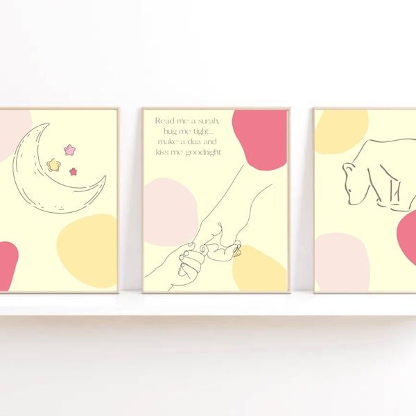 Baby bedroom islamic wall art set of 3 pink and yellow printable digital print for girls room, nursery or playroom, a4