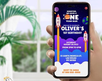 Editable Outer Space First Birthday Invitation Template, Astronaut 1st Party Evite, Boy First Bday Mobile Phone Invite, Houston We Have One