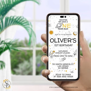 Editable Outer Space First Birthday Invite, White Black Gold Sketch 1st Bday Phone Invitation Template, Houston We Have One, Astronaut Evite