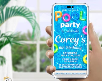 Editable Pool Birthday Invite, Gender Neutral Summer Pool Party Phone Invitation Template, Swimming School Party Evite, SMS, Any Age