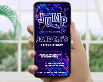 Editable Jump Boy Birthday Invite, Trampoline Party Phone Invitation Template, Bounce House Party Evite, SMS invites, Blue color, Any Age