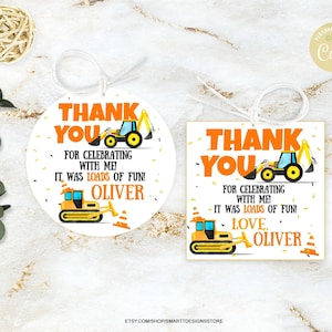 Editable Construction Birthday Favor Label, Dump Truck Party Printable Thank You Tag, Building Machines Sticker Template, Any Age, Any Text
