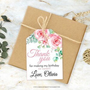 Editable Girl Birthday Flowers Favor Tags, Girls Party Printable Thank You Tag, Blush Pink Roses Sticker Template, Any Age, Watercolor, Boho