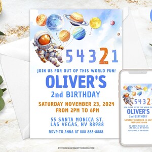 Editable Boy Two Birthday Outer Space Invite, Astronaut Countdown 2nd Party Invitation, Planets Rocket Schip Galaxy Stars Invites, Age 1-5