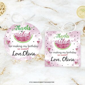 Editable Girl Birthday Sweet Favor Gift Tags, Girls Pink Summer Party Watermelon Thank You Tag, Thanks a Melon Watercolor Labels, Any Age