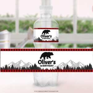 Editable Boy Birthday Water Bottle Labels, Lumberjack Party Printable Bottle Stickers, Woodland Boho Template, Buffalo Plaid Flannel Design