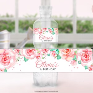 Roses Water Bottle Labels Editable Template, Blush Pink Flowers Stickers, Girl 1st Birthday Party Decor, Watercolor Boho Design, Any Age