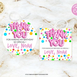 Editable Polka Dots Girl Birthday Thank You Tags, Colorful Spots Pink Birthday Printable Favor Tag, Rainbow Round Circles Gift Bag Sticker