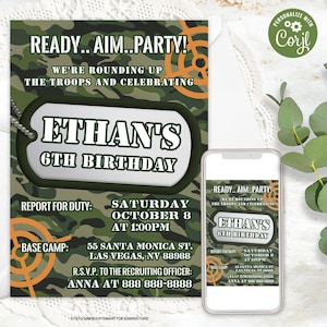 Editable Army Birthday Invitation, Boy Military Party Invite, Army Party Invitation Template, Camo Birthday Party Printable Invite, Any Age