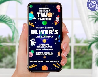 Editable Outer Space 2nd Birthday Invite, Galaxy Planets Phone Invitation Template, Houston We Have a Two Year Old, Boy Second Birthday