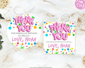 Editable Polka Dots Girl Birthday Thank You Tags, Colorful Spots Pink Birthday Printable Favor Tag, Rainbow Round Circles Gift Bag Sticker