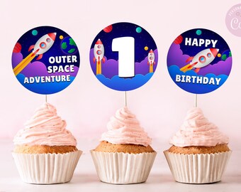 Outer Space Editable Cupcake Toppers, Boy Cosmic Birthday Muffin Topper Template, Astronaut Stickers, Rocket Ship Labels, Any Age, Any Text