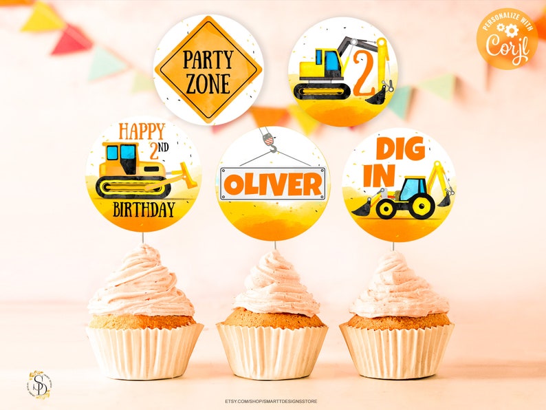 Editable Construction Birthday Cupcake Toppers Boy Birthday Etsy