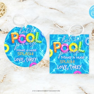 Editable Pool Party Favor Tags, Gender Neutral Swimming Birthday Thank You Labels, Summer Pool Party Gift Sticker Template, Let's Pool Tags