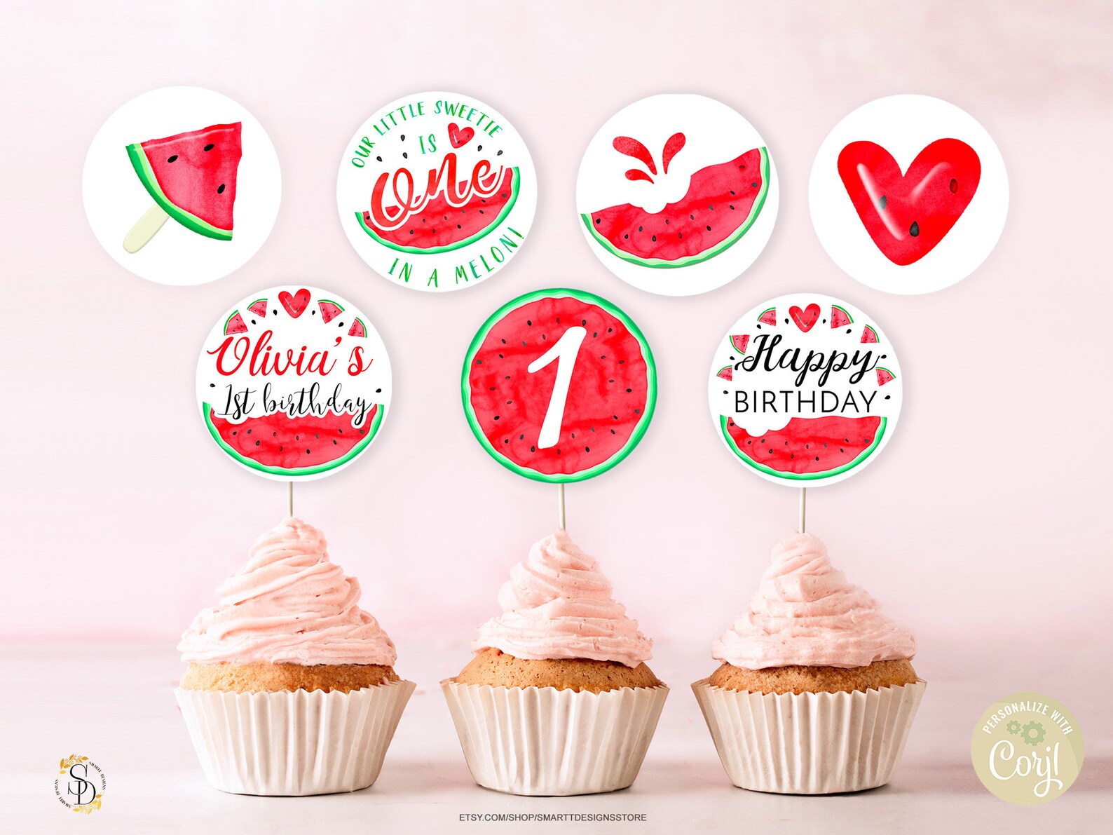 Editable Watermelon First Party Cupcake Toppers Template, Girl 1st Birthday Decor, One in a ...