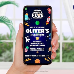 Editable Outer Space 5th Birthday Invite, Galaxy Planets Mobile Phone Invitation, Houston We Have a Five Year Old, Boy Fifth Birthday SMS