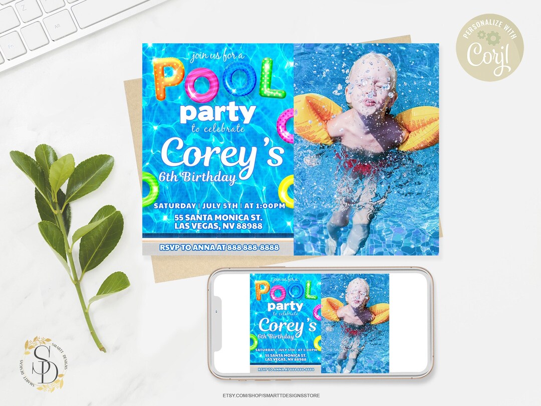 Photo Party Invitations Editable Pool Party Photo Invitation: Birthday Printable (digital) - Etsy