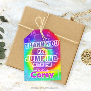 Editable Jump Birthday Party Gift Labels, Tie Dye Trampoline Party Printable Thank You Tag, Bounce House Gift Sticker Template, Favor Labels