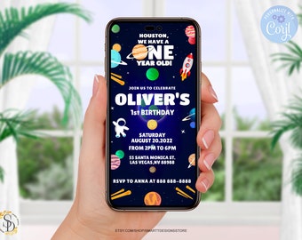 Editable Outer Space 1st Birthday Invite, Galaxy Planets Mobile Phone Invitation, Houston We Have a One Year Old, Boy First Birthday SMS