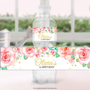 Girl 1st Birthday Editable Water Bottle Labels, Blush Pink Gold Roses Sticker Template, Girls Party Decor, Watercolor Flowers, Any Age-Text
