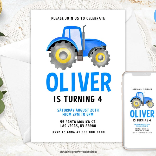 Boys Birthday Customizable Tractor Invitation, Boy 4th Party Self Edit Farm Invite, Any Age Farm Tractor Invitation Template, Minimalist