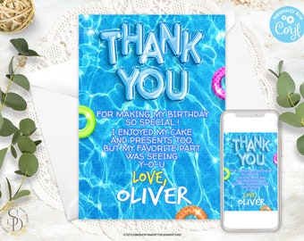 Editable Pool Birthday Party Thank You Card, Summer Pool Party Thank You Note, Printable Gender Neutral Pool TU Card Template, Any Text