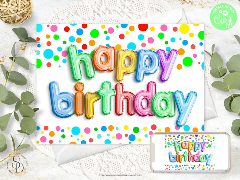 Editable Generic Birthday Card, Happy Birthday Rainbow Polka Dots Card ...