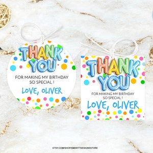 Editable Polka Dots Boy Birthday Thank You Tag, Colorful Spots Birthday Printable Favor Tag, Rainbow Round Circles Gift Bag Sticker Template