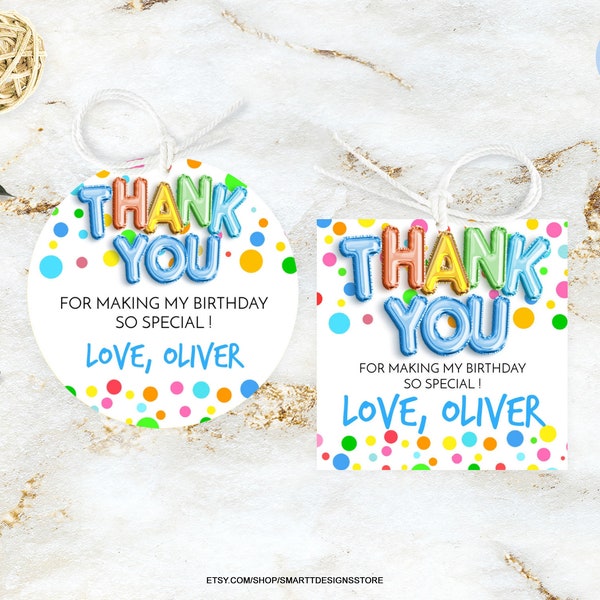 Editable Polka Dots Boy Birthday Thank You Tag, Colorful Spots Birthday Printable Favor Tag, Rainbow Round Circles Gift Bag Sticker Template
