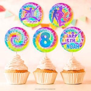 Editable Tie Dye Jump Birthday Cupcake Toppers, Bounce House Boy Party Decor, Trampoline Party Muffin Topper, Let's Jump and Play, Any Age