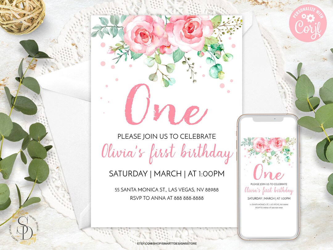 Girl 1st Birthday Flowers Printable Invitation, Girls One Blush Pink ...