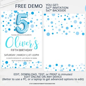 Editable Boy Fifth Birthday Invitation, Boy 5th Birthday Party Polka ...
