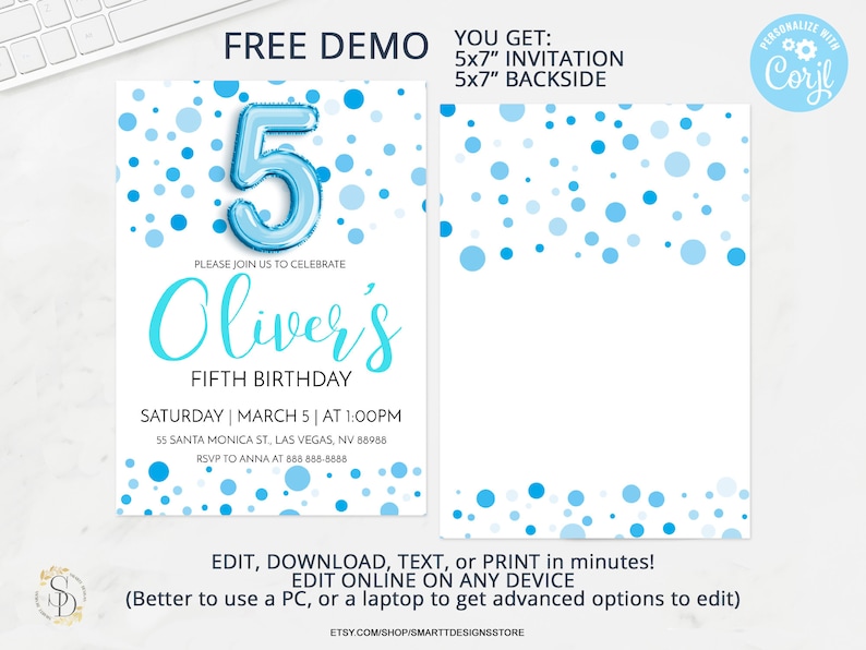 Editable Boy Fifth Birthday Invitation Boy 5th Birthday Party Polka editable-boy-fifth-birthday-invitation-boy-5th-birthday-party-polka