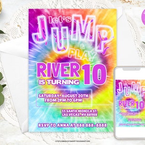 Editable Jump Tie Dye Birthday Party Invite, Trampoline Party Invitation, Bounce House Boys Girls Party Invite, Let&#39;s Jump and Play, Any Age