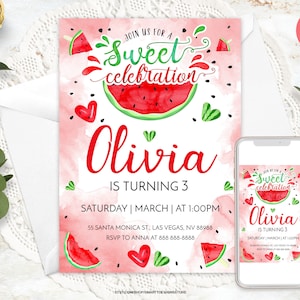 Editable Girl Birthday Watermelon Invitation Template, 3rd Bday Sweet Celebration, Girl Fruit Summer Party Invite, Watercolor, Any Age