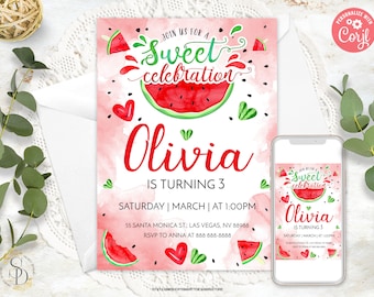 Editable Girl Birthday Watermelon Invitation Template, 3rd Bday Sweet Celebration, Girl Fruit Summer Party Invite, Watercolor, Any Age