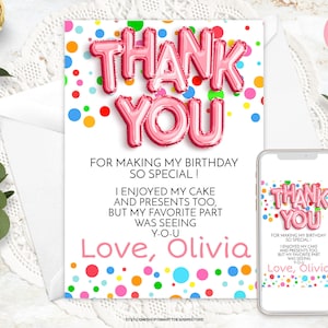 Editable Girl Birthday Thank You Card Rainbow Polka Dots, Girls Balloons Thank You Note, Printable Generic Colorful Spots Template, Any Text