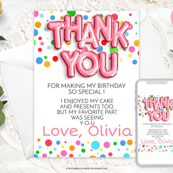 Editable Girl Birthday Thank You Card Rainbow Polka Dots, Girls Balloons Thank You Note, Printable Generic Colorful Spots Template, Any Text