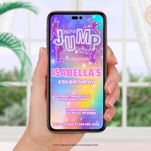 Editable Jump Birthday Invite, Gender Neutral Trampoline Party Phone Invitation Template, Rainbow Bounce House Party Evite, SMS, Any Age