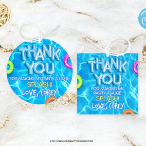Editable Pool Party Thank You Tags, Gender Neutral Swimming Birthday Favor Labels, Summer Swimming Party Gift Sticker Template, Splash Bash