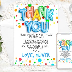 Editable Boy Birthday Thank You Card Rainbow Polka Dots, Balloons Thank You Note, Printable Generic Colorful Spots Template, Any Text