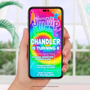 Editable Jump Birthday Mobile Phone Invite, Gender Neutral Tie Dye Trampoline Party Text Invitation Template, Rainbow Bounce House Party SMS